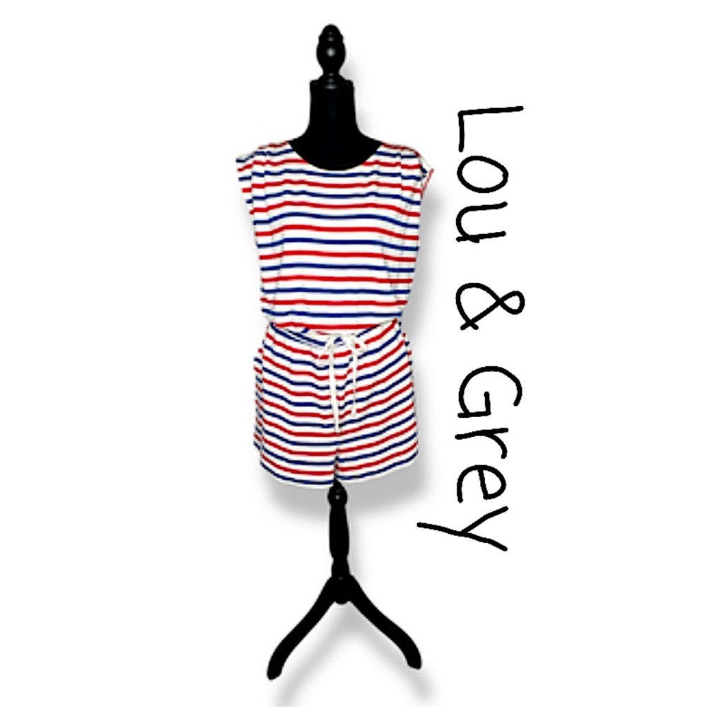 Lou & Grey Striped Pleated Sleeve Signaturesoft Romper Preppy Resortwear Size L